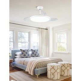 Dawn Whisper 42 Inch White Retractable Fandelier Ceiling Fan with Lights Modern LED Chandelier Ceiling Fans for Bedroom Reversible DC Motor 3 LED Light Color Change Timing Options