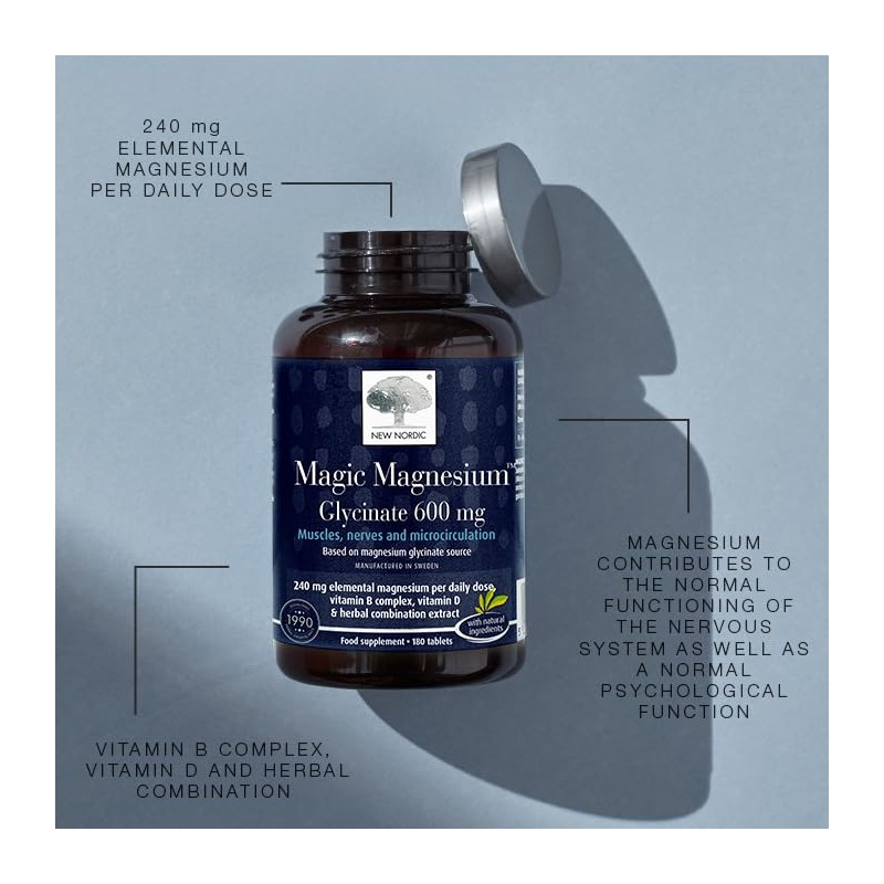 New Nordic Magic Magnesium Glycinate 600mg, 3 Month Supply, Supports