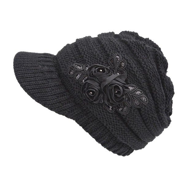 Tuopuda® Chapeau d'hiver Femme Fleur Decor Crochet à Tricoter Bonnet visière Chapeau (Noir)