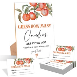 Peach Guess How Many Candies Are In The Jar Game, Pack of 1 Wooden Tabletop Sign with Stand and 50 Guessing Cards, Sweet Peach Baby Shower Game, Gender Reveal Party Decorations - WV15