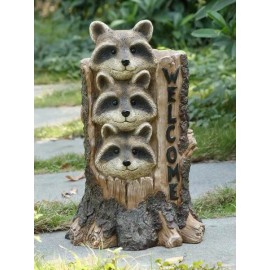 Hi-Line Gift Ltd. Stacking Raccoons Statue W/Welcome Sign Garden Decor Resin Yard Porch Display