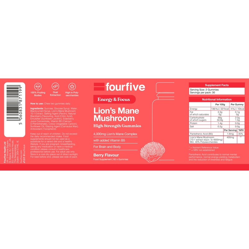fourfive Lions Mane Mushroom Gummies (4000mg) Energy & Focus Blend