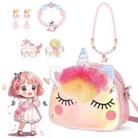 Unicorn Handbag Jewellery Set for Girls, Unicorn Chain Necklace Bracelet Ring Jewellery Set, Unicorn Gifts for Girls, TPU Storage Bag, Birthday Gift Girls 2 3 4 5 6 Years, Leather