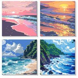 MOGTAA 4 Pack Paint by Numbers Adults with Frame, Landscape Paint by Numbers Kits for Adults Beginners, DIY Oil Painting Canvas Set, Acrylic Painting Pictures for Home Decor (20 x 20 cm)