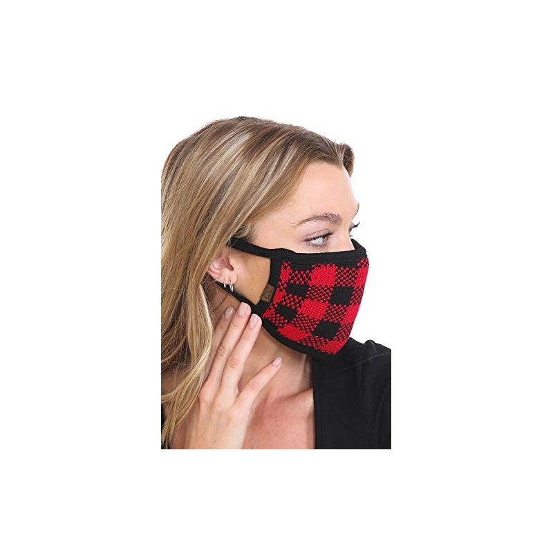 C.C Reusable Washable Knit Pattern Face Mask, Knit Plaid Red/Black,