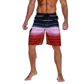 unitop Men's Beachwear Swim Trunks Quick Dry Striped with Mesh Lining Red-36