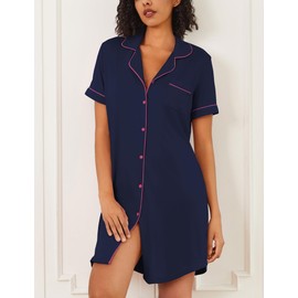 Ekouaer Nightgowns for Women 2 Pack Button Down Sleepwear Short Sleeve Sleepshirts Soft Nightshirts Boyfriend Pajama Dress,Black/Navy Blue,S