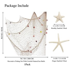 Nature Fish Net Wall Decoration with Shells and 10 Pieces Natural Starfish Fishing Net in Mediterranean Style with Sea Motifs for Beach Parties Weddings Photography Wall Decoration, 150 cm x 200 cm