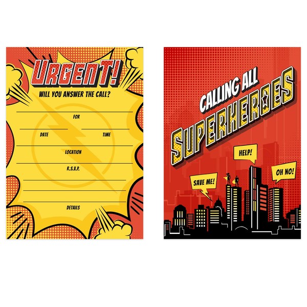 Canopy Street Superhero Birthday Party Invitation / 25 Fill In Comic Book Themed Party Invites With Envelopes / 5" x 7" Flat Birthday Boy Hero Event Invitations/Made In The USA