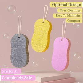 Magic Exfoliating Bath Sponge (3 pcs), 3D Super Soft Exfoliating Bath Sponge, Skin Friendly and Reusable for Adults Children and Pregnant Women Alternative to exfoliating Gloves. (Grey-Yellow-Pink)
