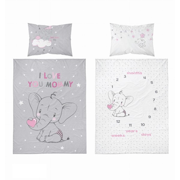 B4Beds Elephant Reversible Bedding Set for Baby Girls Cot Bed Duvet Cover & Pillow Case (100x135cm)
