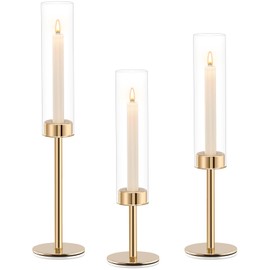 Gold Hurricane Candle Holders Set of 3, Tall Metal & Windproof Glass Taper Candle Holders, Outdoor/Indoor Table Centerpieces for Weddings, Christmas, Parties, Fireplace Decor
