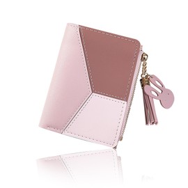 WisePoint Wallet for Women, PU Leather Wallet with Metal Press Stud, Mini Purse with Coin Pocket and Zip, Bifold Credit Card Holder Rabbit Pendant, pink, Minimalist