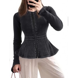 Lynroxia Casual Denim Peplum Jacket for Women Long Sleeve Zip Front Athletic Workout Ruffle Blazer Coats Black Grey L