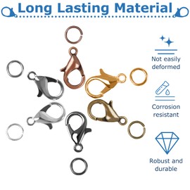 SUNRIZ Chain Clasp, Bracelet Clasp, Pack of 120 Lobster Clasps with 840 Pieces Jump Rings for Jewellery Crafts DIY, with Jewellery Pliers, Eyelet Opener, Gold, Silver
