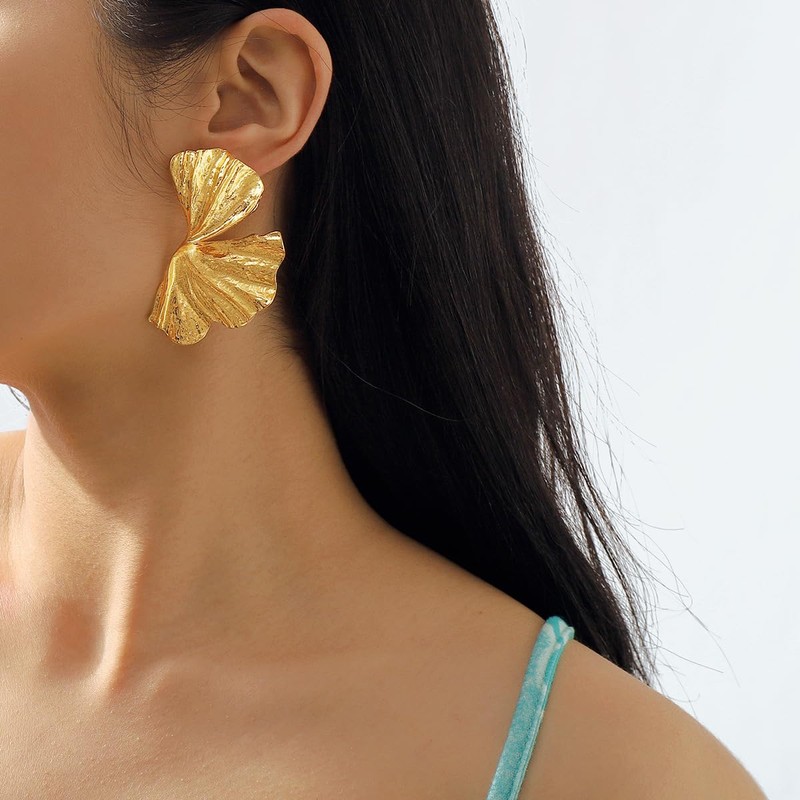 Chunky Gold Leaf Statement Earrings - Large Geometric Studs for