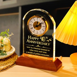 YWHL 40th Wedding Anniversary Clock Gifts for Parents, 40 Years Anniversary Romantic Gift for Couples, Table Clock Glass Presents with Wooden Light Base for Home Decoration (Battery not Included)