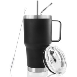 DYNAMIC SE 30 oz Tumbler With Handle, Double Wall Stainless Steel Vacuum Insulated Travel Mug with Splash-Proof Lid Metal Straw and Brush (Black)