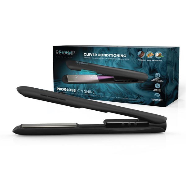 Revamp Progloss Ion Shine Ceramic Straightener with Ion Technology for Frizz-Free Results Enriched with Progloss Smooth Keratin, Argan and Coconut Oil, Various Heat Levels, Black