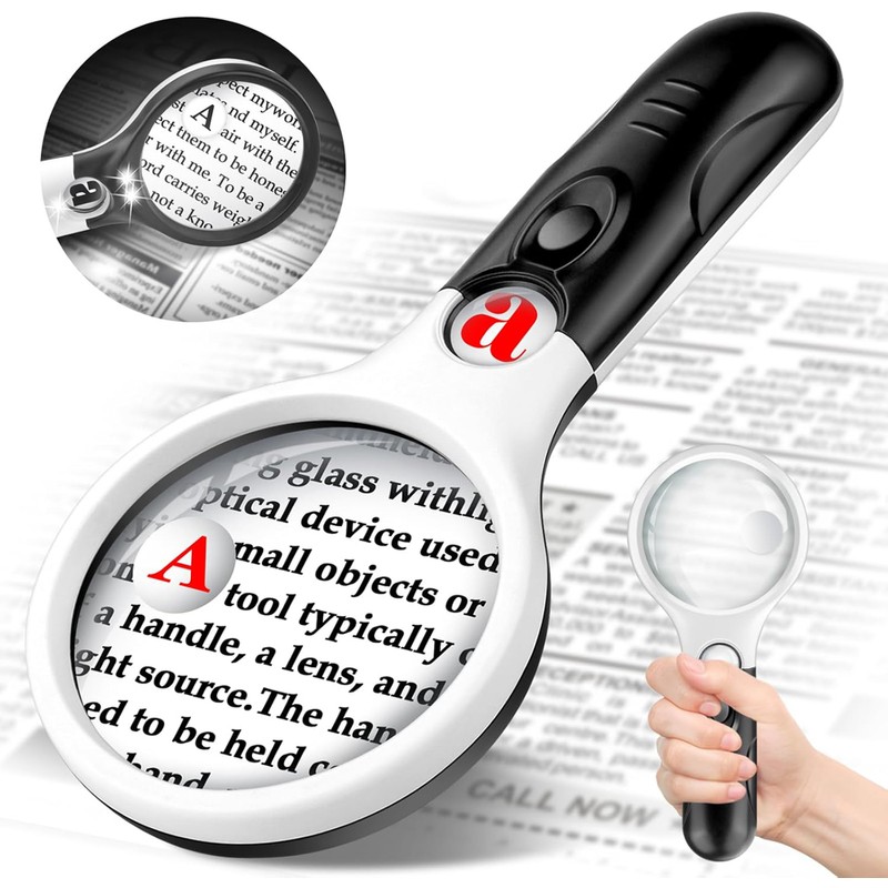 Handheld LED Magnifying Glass with Dual Lenses for Reading, Coins