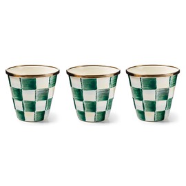 MACKENZIE-CHILDS Enamel Herb Pots, Small Plant Pots for Herbs or Flowers, Set of 3, Green-and-White Emerald Check