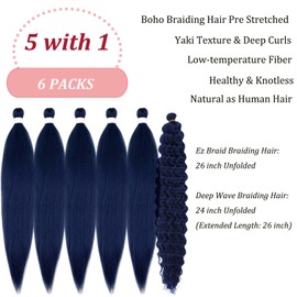 Dark Blue Braiding Hair Pre Stretched With Blue Boho Deep Water Wave Curly Crochet Hair For Black Women Boho Curls Braids 6 Packs Synthetic Knotless Colored Boho Wavy Curly Braiding Hair Extensions