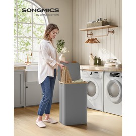 SONGMICS Laundry Hamper with Lid, Large Laundry Basket, 23.8 Gallons (90L), Removable Mesh Liner, Bamboo Handles, Collapsible, 16.5 x 12.6 x 27.8 Inches, Dove Gray ULCB509G01