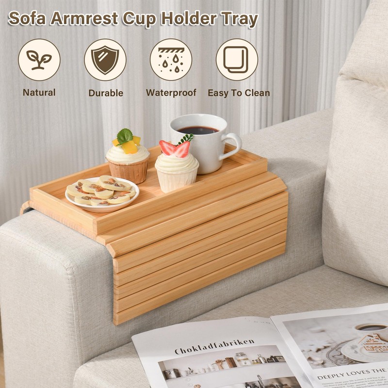 YUBAMIN Bamboo Sofa Arm Tray, Anti-Dropping Couch Arm Tray, Foldable