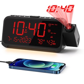 ROCAM Projection Clock for Bedroom, Digital Clock with 180° Projector on Ceiling with 5-Level Dimmer, Dual Loud Alarm Clock with Weekend/Weekday Mode, Date, Temp, Humidity, Night Light, Snooze