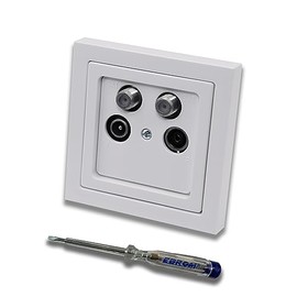 Busch Jäger Set: Flush-Mounted 4-Hole Socket 40-2400 MHz, End Socket for Radio, TV, SAT1 & SAT2. Includes Future Linear Studio White Single Frame, Cover + EBROM Phase Tester for Mounting the Device
