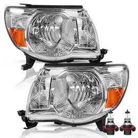 TUSDAR Headlight Assembly Set with Bulbs for 2005-2011 Toyota Tacoma Chrome Housing with Amber Reflector Driver and Passenger