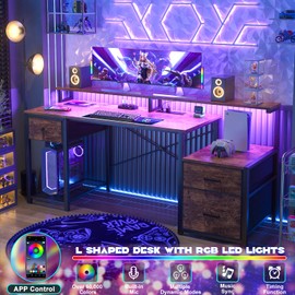 Aheaplus Computer Desk with 3 Drawers, Home Office Desk with File Drawer & Power Outlet, 59'' Gaming Desk with Led Lights, Long Work Desk with Storage, Printer Cabinet and Monitor Shelf, Rustic Brown