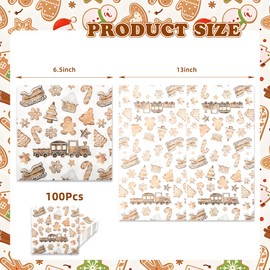 100 servilletas de papel de pan de jengibre de Navidad, galletas de Navidad, servilletas desechables de fiesta de 6.5 pulgadas, toalla de mano para almuerzo de hombre de jengibre para día festivo de