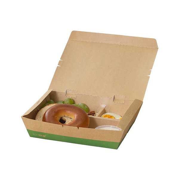 Restaurantware Eco Tek 50.7 Ounce To Go Boxes, 100 Compostable Bento Boxes - 3 Compartments, Tab Lock Closure, Kraft & Green Paper Take Out Boxes, PLA Lining, For Restaurants or Parties