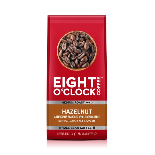 Eight O'Clock Coffee Hazelnut, 11 Ounce (Pack of 6), Medium Roast Whole Bean Coffee, Buttery, Smooth & Nutty, 100% Arabica