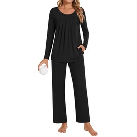 Findsweet Pajamas Sets for Women Soft Long Sleeve Pjs Top and Pants with Pocket Sleepwear 2 Piece Ladies Loungewear M, Black