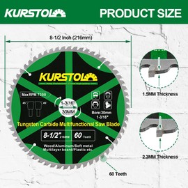 KURSTOL Wood Circular Saw Blade - 8-1/2 Inch TCT Cutting Blade 60T Tungsten Carbide Tipped Blade Arbor 30mm for Wood, Laminates, Aluminum, Copper, Non-Ferrous Metals, Plastic