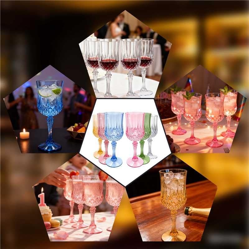 JUSONEY 7oz Vintage Plastic Wine Glasses,Crystal Textured Plastic Goblets,Disposable Wine