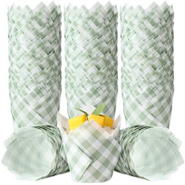 Maxdot 200 Pcs Sage Green Plaid Tulip Cupcake Liners for Baking Paper Muffin Baking Cups Checkered Tulip Muffin liners Wrappers for Bridal Baby Shower Wedding Birthday Party Decor
