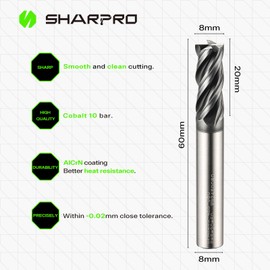 SHARPRO Upcut Spiral Milling Cutter, 8mm Shank, 8mm Cutting Diameter, Solid Carbide, CNC End Mill, Ideal for Milling Alloy Steels, Hardened Steel, Metal and More 5PCS