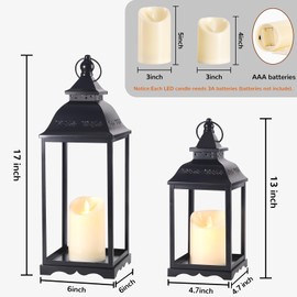 HAVITI 2 Pack Outdoor Lantern for Porch, Black Farmhouse Lanterns Indoor, 17'' 12'' Lantern Decor (no Glass) with 2PCS LED Flameless Candles for Halloween Christmas Wedding Fireplace Table Decor
