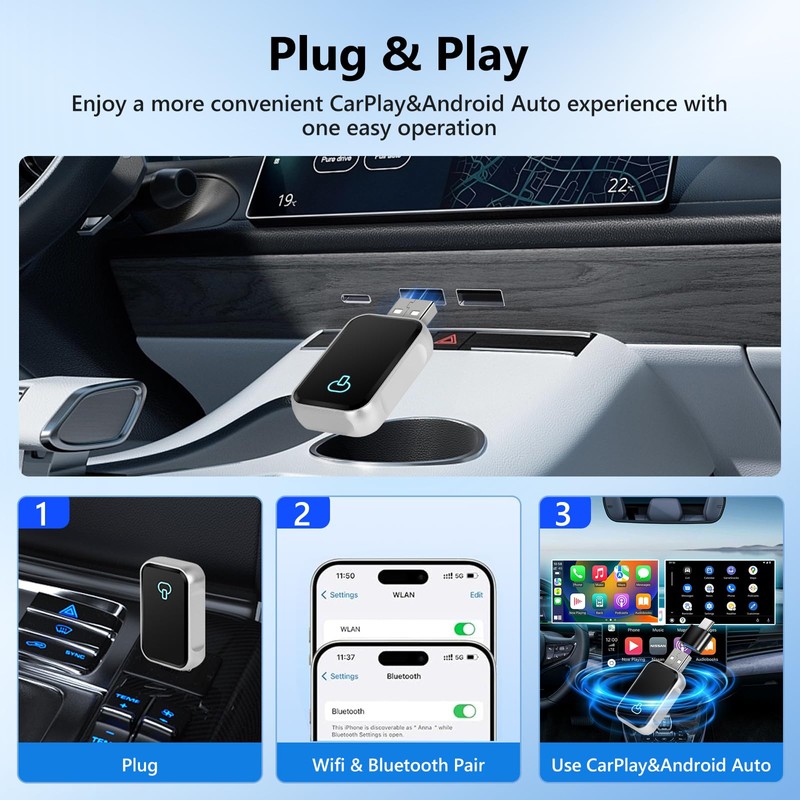 Motorsi Wireless Carplay/Android Car Adapter, 2-in-1 Converts Factory Wired to