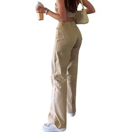 Vintage Jeans for Women Teen Girl High Waisted Relaxed Fit Straight Leg Cargo Baggy Boyfriend Jeans Khaki