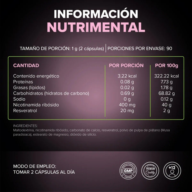 Nicotinamida Ribsido Resveratrol 180 Caps Nrr Premium W Sin Sabor