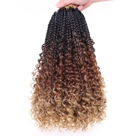 Unionbeauty 8 Packs 14 Inch Boho Box Braids Crochet Hair with Curly Ends Bob Bohemian Hippie Braids Pre-looped Messy Goddess Box Braids Hair Ombre Synthetic Braiding Hair Extension for Black Woman 53#