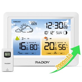 Raddy WM6 Weather Station with 2000mAh Rechargeable Battery, Wireless Indoor Outdoor Thermometer Hygrometer Barometer with Atomic Clock Weather Forecast for Home Use