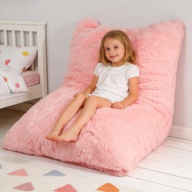 3 in 1 Kids Bean Bag Chair Bed, Kids Fluffy Stuffed Floor Pillow for Gaming and Reading, Ultra Soft Faux Fur Fabric Bean Bag Chairs to Lounger for Playroom, Living Room, Bedroom, Pink