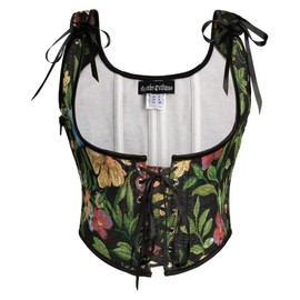 SCARLET DARKNESS Women's Renaissance Corset Scoop Neck Lace-up Corset Top Floral Print Bustier, Black Green Leaves