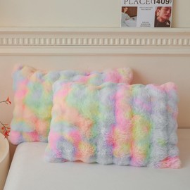 LIFEREVO 2 Pieces Fluffy Faux Rabbit Fur Pillow Cases, Soft Plush Shaggy Bubble Pillowcases Standard Size with Zipper, Furry Fuzzy Long Pillow Shams for Adult Girls Kids Teens 50x75 cm, Rainbow