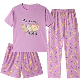 Hupohoi Kids Girls Pajama Sets Summer Short Sleeve With Shorts And Pants 3PCS Sleepwear Cute Cartoon Loungewear 6 to 17 Years, Paper Bag Cat-Pink, 16